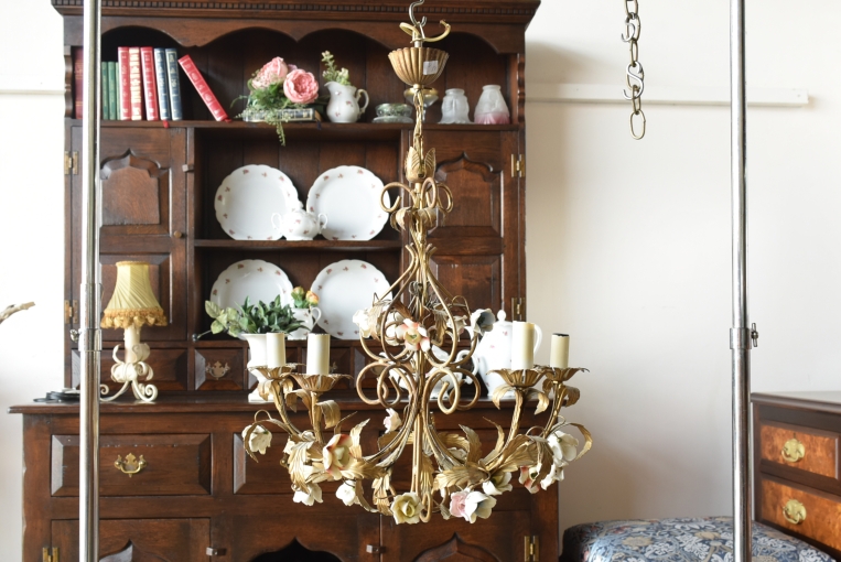 【修復前】お花の装飾が可愛らしい5灯式シャンデリア【sy419-2】