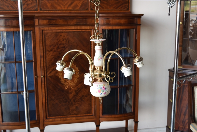 【修復前】5灯式シャンデリア（シェード付き）【sy459】