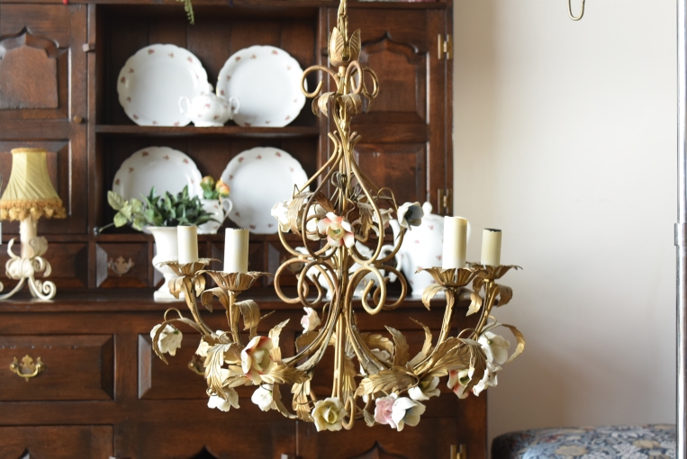 【修復前】お花の装飾が可愛らしい5灯式シャンデリア【sy419-2】